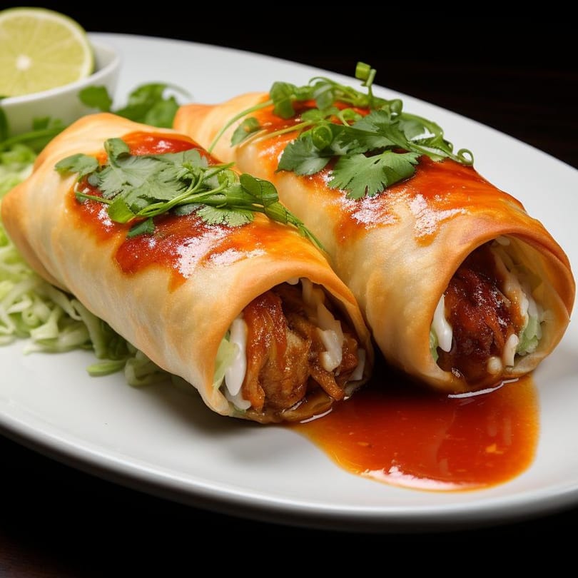 Two crispy Dos Fuentes flautas topped with red sauce, cilantro, and shredded lettuce, with a lime wedge.